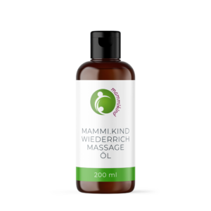 Braune Flasche mit schwarzem Verschluss und der Aufschrift „MAMMI.KIND WIEDERICH MASSAGE ÖL, 200 ml“ sowie einem grünen Logo mit einem Mutter-Kind-Symbol.