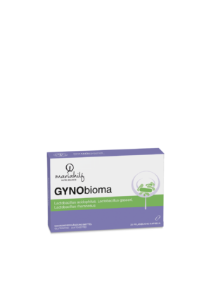 Eine Schachtel mit GYNO BIOMA KAPSELN Kapseln zur Nahrungsergänzung, beschriftet mit probiotischen Stämmen und Produktinformationen in deutscher Sprache.