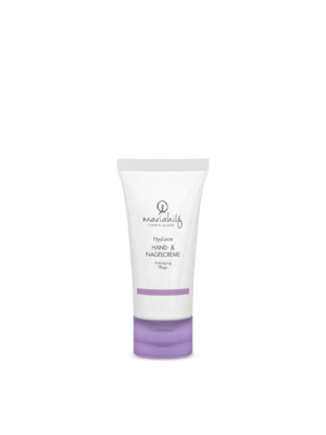 Eine weiße Tube UNI HAND UND NAGELCREME mit lilafarbenem Boden ist auf einem schlichten weißen Hintergrund abgebildet.