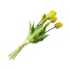 Ein kleiner Strauß von sechs gelben Tulpen mit grünen Blättern, zusammengebunden mit einem Stück Schnur, isoliert auf weißem Hintergrund.
