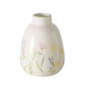 Weiße Keramikvase mit runder Form, verziert mit handgemalten pastellfarbenen Blumen und grünen Blättern.