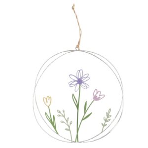 Minimalistische Hängedekoration mit einem kreisförmigen Drahtrahmen mit einfachen Strichzeichnungen von Blumen in Gelb, Lila und Grün, aufgehängt an einem Stück Schnur.