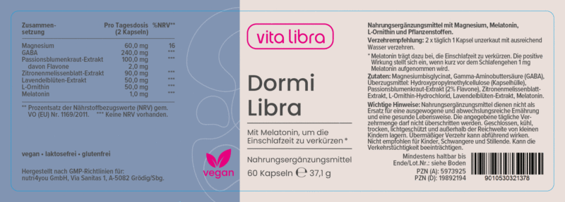 Etikett für Dormi Libra veganes Nahrungsergänzungsmittel mit Melatonin, Magnesium, GABA und Pflanzenextrakten; enthält 60 Kapseln; Anleitung und Inhaltsstoffe in deutscher Sprache aufgeführt. Etikett für Dormi Libra veganes Nahrungsergänzungsmittel mit Melatonin, Magnesium, GABA und Pflanzenextrakten; enthält 60 Kapseln; Anleitung und Inhaltsstoffe in deutscher Sprache aufgeführt.