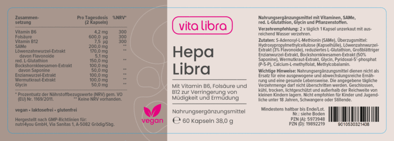 Etikett für das Nahrungsergänzungsmittel Vita Libra Hepa Libra mit Nährwertangaben, Inhaltsstoffen, Anwendungshinweisen, veganer Zertifizierung und Produktdetails in deutscher Sprache auf beigem Hintergrund. Etikett für das Nahrungsergänzungsmittel Vita Libra Hepa Libra mit Nährwertangaben, Inhaltsstoffen, Anwendungshinweisen, veganer Zertifizierung und Produktdetails in deutscher Sprache auf beigem Hintergrund.