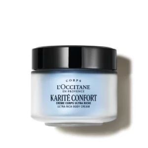 Ein Tiegel LOccitane en Provence Karité Confort Ultra Rich Body Cream mit einem schwarzen Deckel auf weißem Grund.