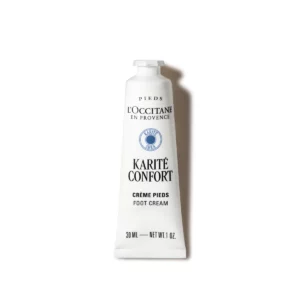 Eine 30 ml Tube LOccitane Karité Confort Fußcreme steht aufrecht vor einem schlichten weißen Hintergrund.