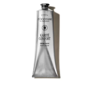 Eine silberne Tube LOccitane Karité Confort Fußcreme mit schwarzer Kappe, abgebildet auf weißem Hintergrund.