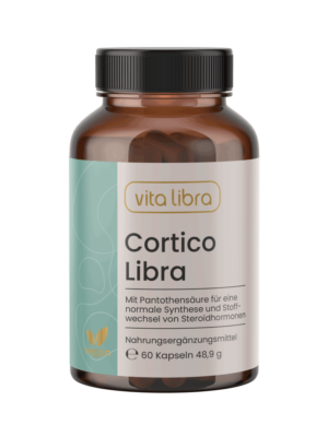 Eine braune Flasche mit der Aufschrift Cortico Libra von vita libra, die 60 Kapseln eines Nahrungsergänzungsmittels enthält, mit deutschem Text und einem veganen Symbol.