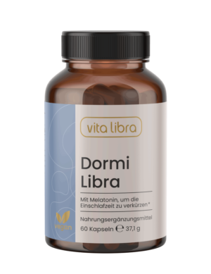 Eine braune Flasche mit der Aufschrift Dormi Libra von vita libra enthält 60 Kapseln eines Nahrungsergänzungsmittels auf Melatoninbasis.