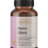 Eine braune Flasche mit der Aufschrift Femi Libra von vita libra, die 60 vegane Kapseln mit Vitamin B6 zur Hormonregulierung enthält.