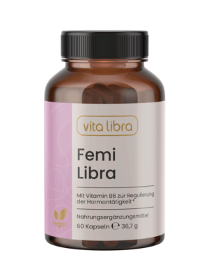 Eine braune Flasche mit der Aufschrift Femi Libra von vita libra, die 60 vegane Kapseln mit Vitamin B6 zur Hormonregulierung enthält.