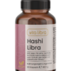 Eine braune Flasche mit der Aufschrift Hashi Libra von vita libra enthält 60 vegane Kapseln für die Schilddrüsenfunktion und den Zellschutz, mit deutschem Text.