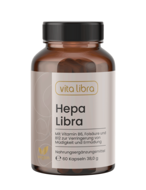 Eine braune Flasche mit der Aufschrift "Hepa Libra" von Vita Libra, die 60 vegane Kapseln mit den Vitaminen B6, B12 und Folsäure enthält und als Nahrungsergänzungsmittel zur Verringerung von Müdigkeit und Erschöpfung beschrieben wird.