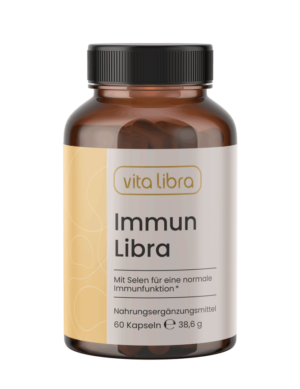 Eine braune Flasche mit der Aufschrift vita libra Immun Libra enthält 60 Kapseln eines Nahrungsergänzungsmittels für eine normale Immunfunktion.