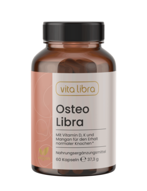 Eine braune Flasche mit der Aufschrift Osteo Libra von Vita Libra, die 60 Kapseln eines Nahrungsergänzungsmittels mit Vitamin D, K und Mangan enthält.
