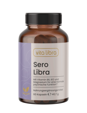 Braune Flasche Vita Libra Sero Libra Kapseln mit weißem Etikett, die 60 Kapseln enthält. Das Etikett hebt die Vitamine B6, B12 und Magnesium für die psychische Funktion hervor.