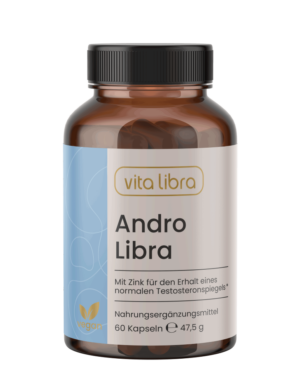 Eine braune Flasche mit der Aufschrift vita libra Andro Libra enthält 60 vegane Kapseln, die als Zinkergänzungsmittel zur Aufrechterhaltung eines normalen Testosteronspiegels beschrieben werden.